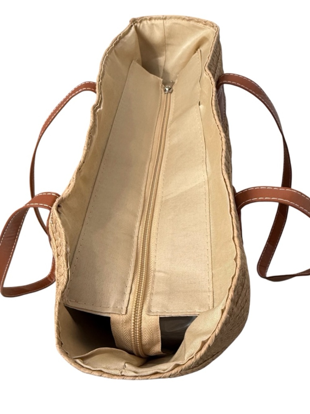 Woven Straw Tote with Brown Leather Straps - Picture 4 of 6